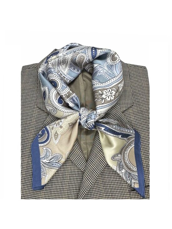 ✨Luxury Elegant Silky Square Scarf Navy Blue Silver Gray Tan Paisley Print Wrap✨ - Picture 2 of 6